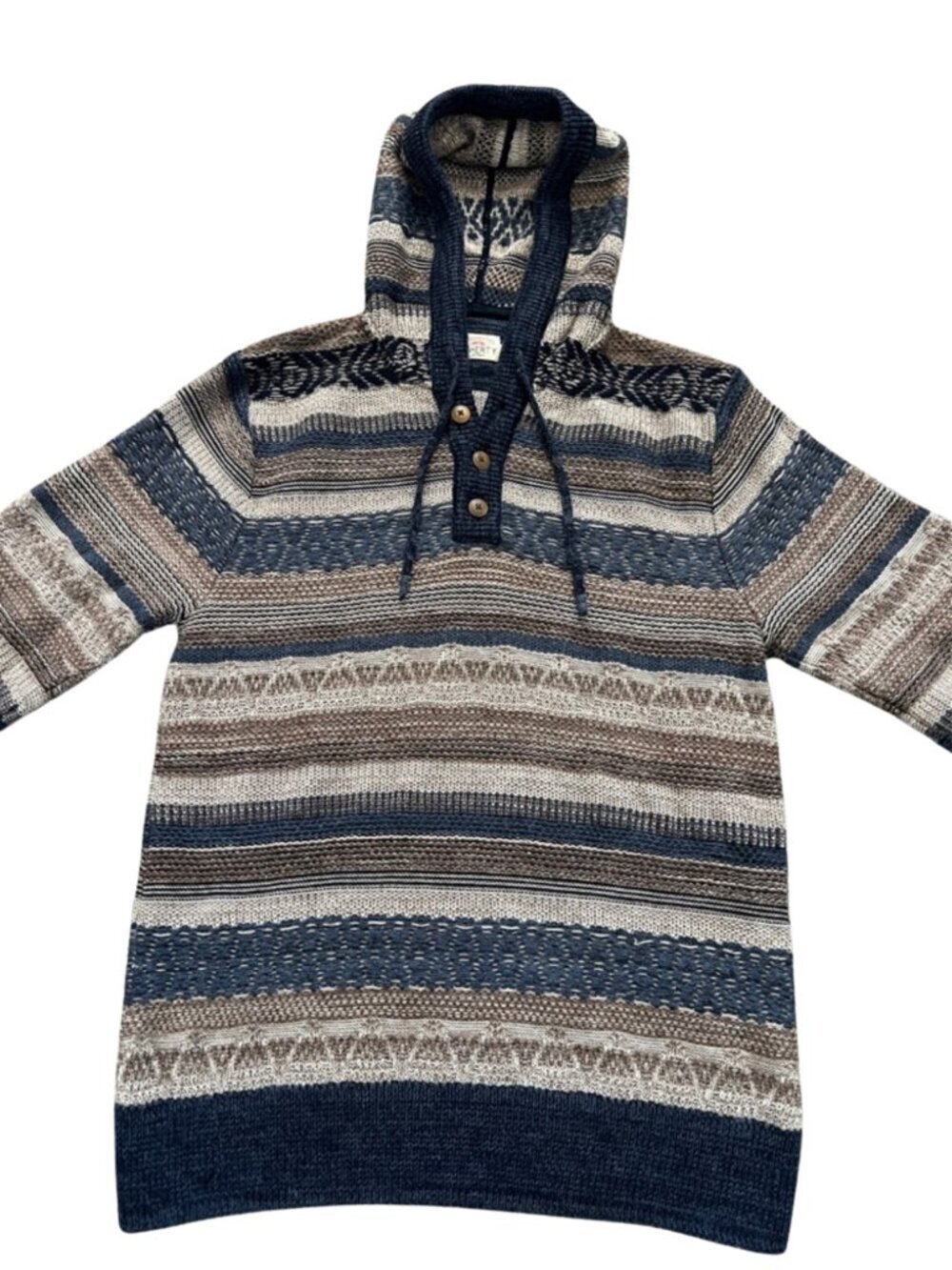 Faherty Men’s Baja Striped Knit Hooded Quarter Button Sweater Navy Tan - Size M